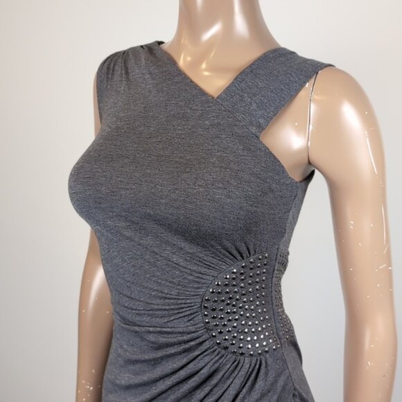 Vintage Y2K Dynamite Faux Wrap Dress Studded Gathered Asymmetric Mini Bodycon - Picture 4 of 14